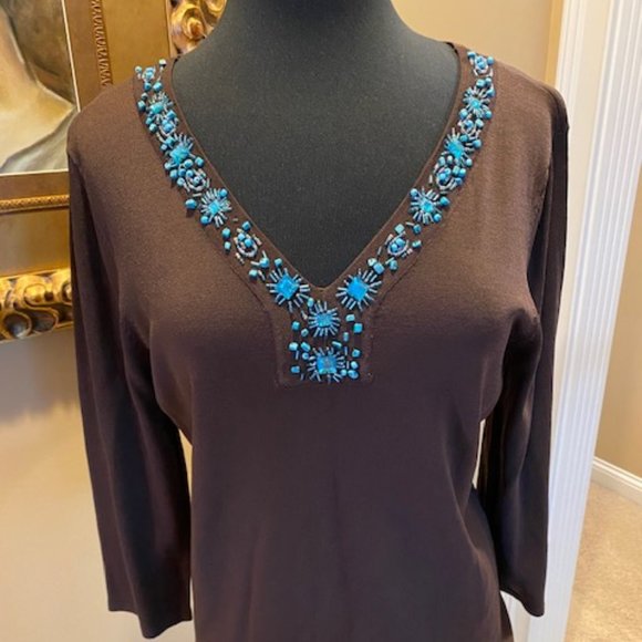 Style & Co. Brown Sweater/Lightweight w/Turquoise Embellishment SZ XL - Picture 1 of 7